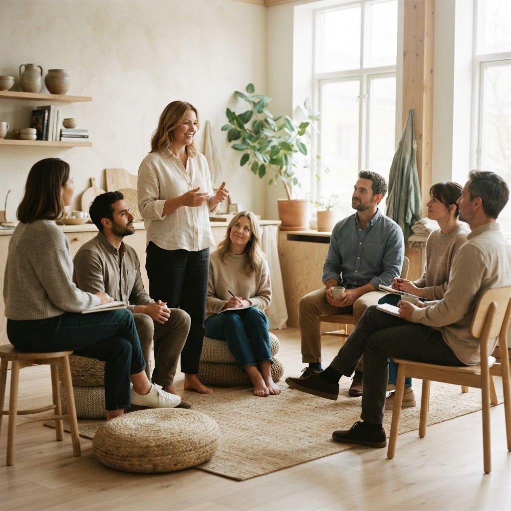 Lille workshop med deltagere i et lyst studie