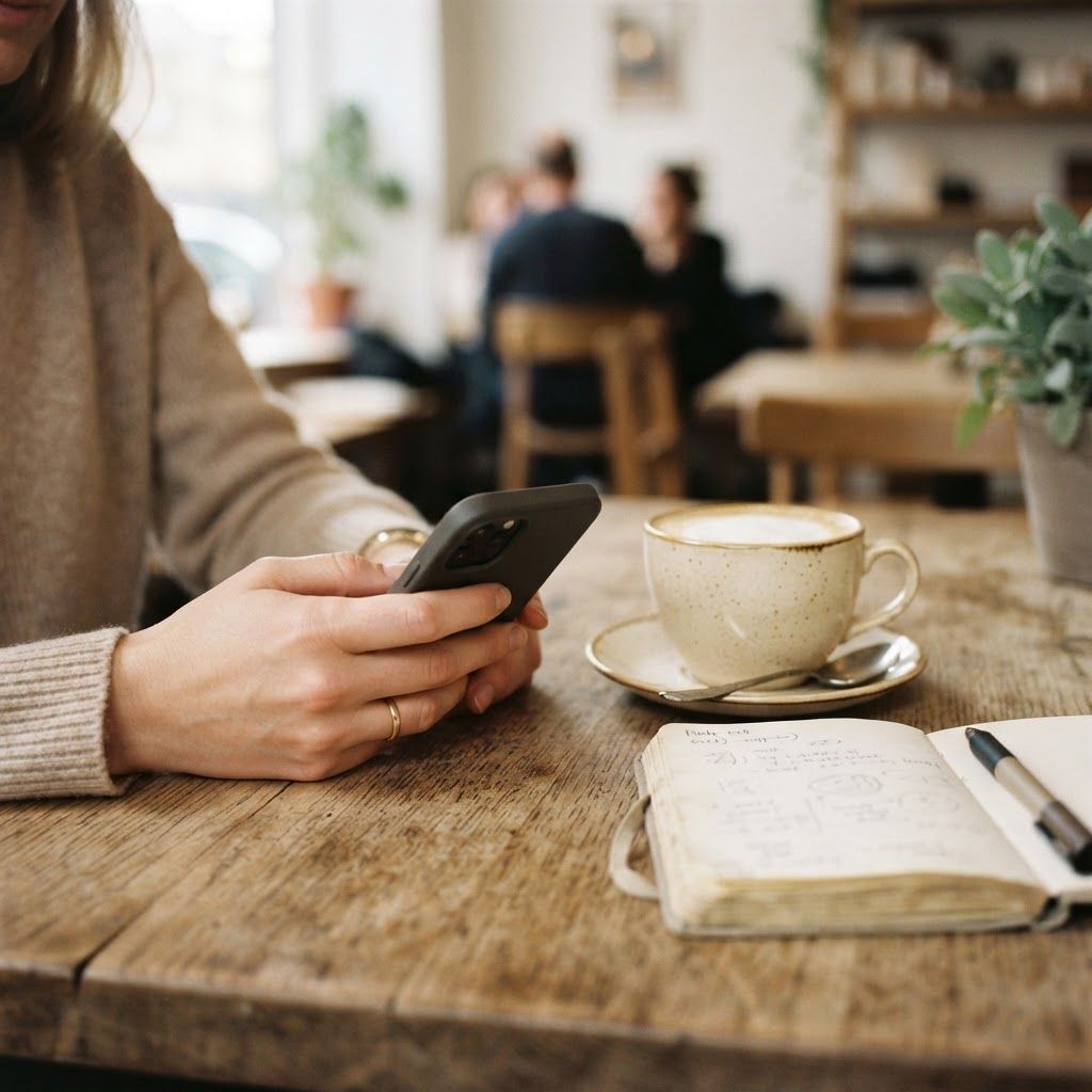 Klient med sin telefon og en kop kaffe ved et cafébord